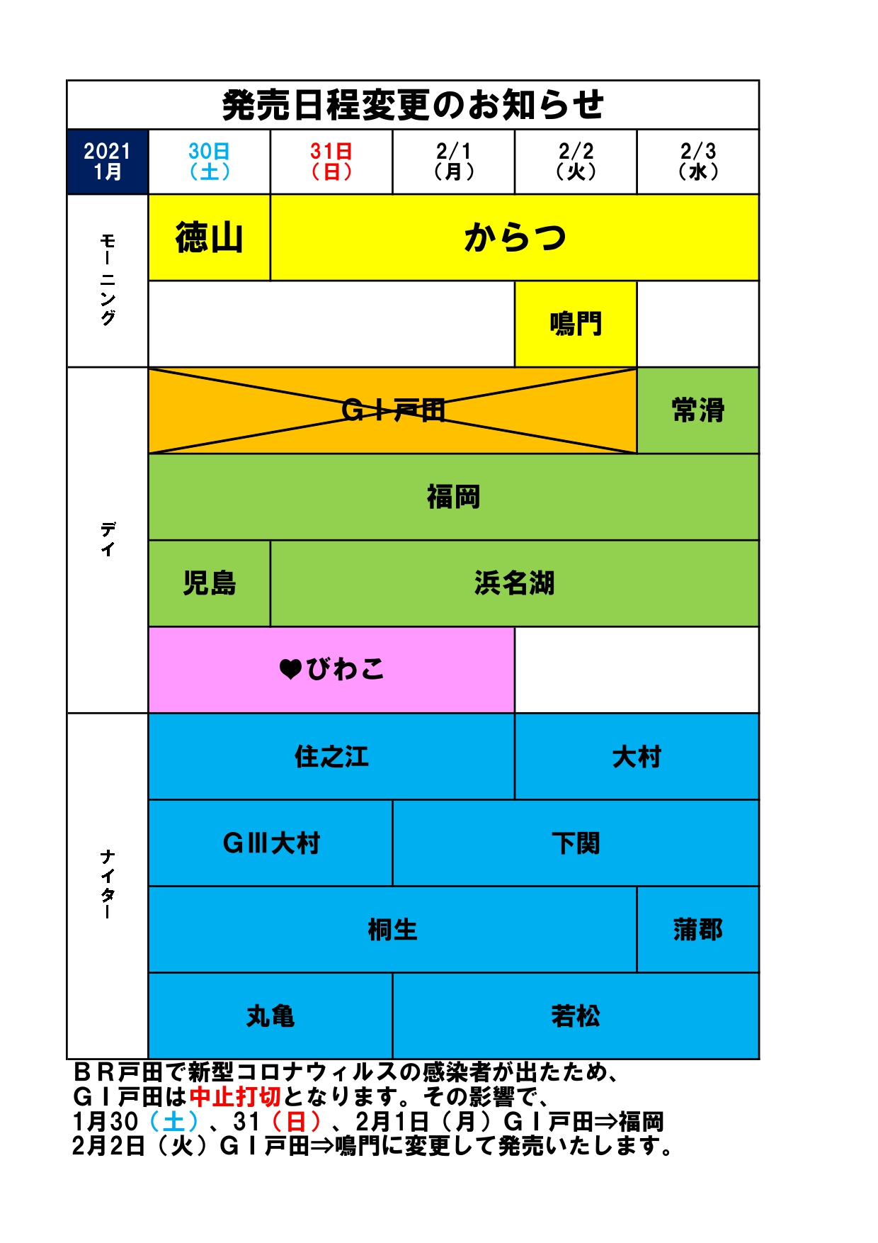 1月30日 2月2日 発売日程変更のお知らせ ボートレースチケットショップ嘉麻