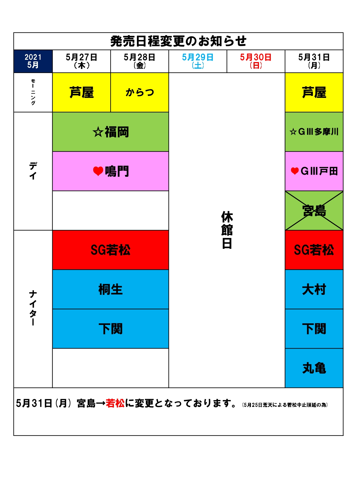 5 31 発売日程変更のお知らせ ボートレースチケットショップ嘉麻